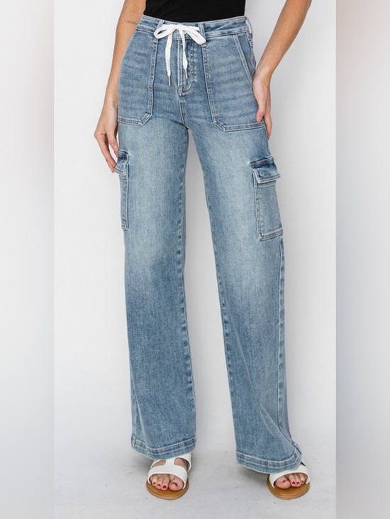 Risen Jeans Denim - ❤️ 835. Risen Medium Blue Wide-Leg Cargo Jeans with Drawstring Waist NWT